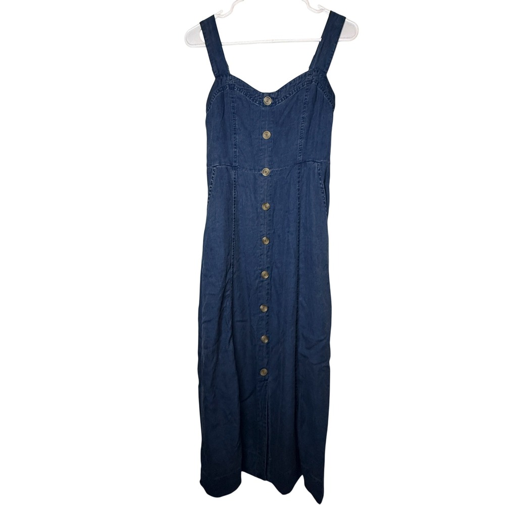 Blu Pepper Dress Womens S Blue Lyocell Denim Midi Smocked Pockets Cottagecore